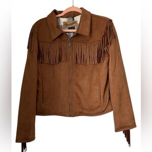 Wrangler womens Large faux suede western fringe zip up jacket brown -like new
